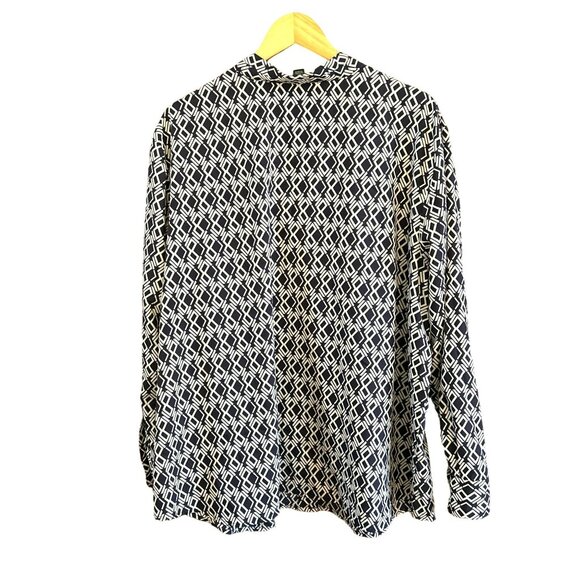Lauren Ralph Lauren Blue White Geometric Print Blouse 3X Pullover Long Sleeve - Picture 4 of 5